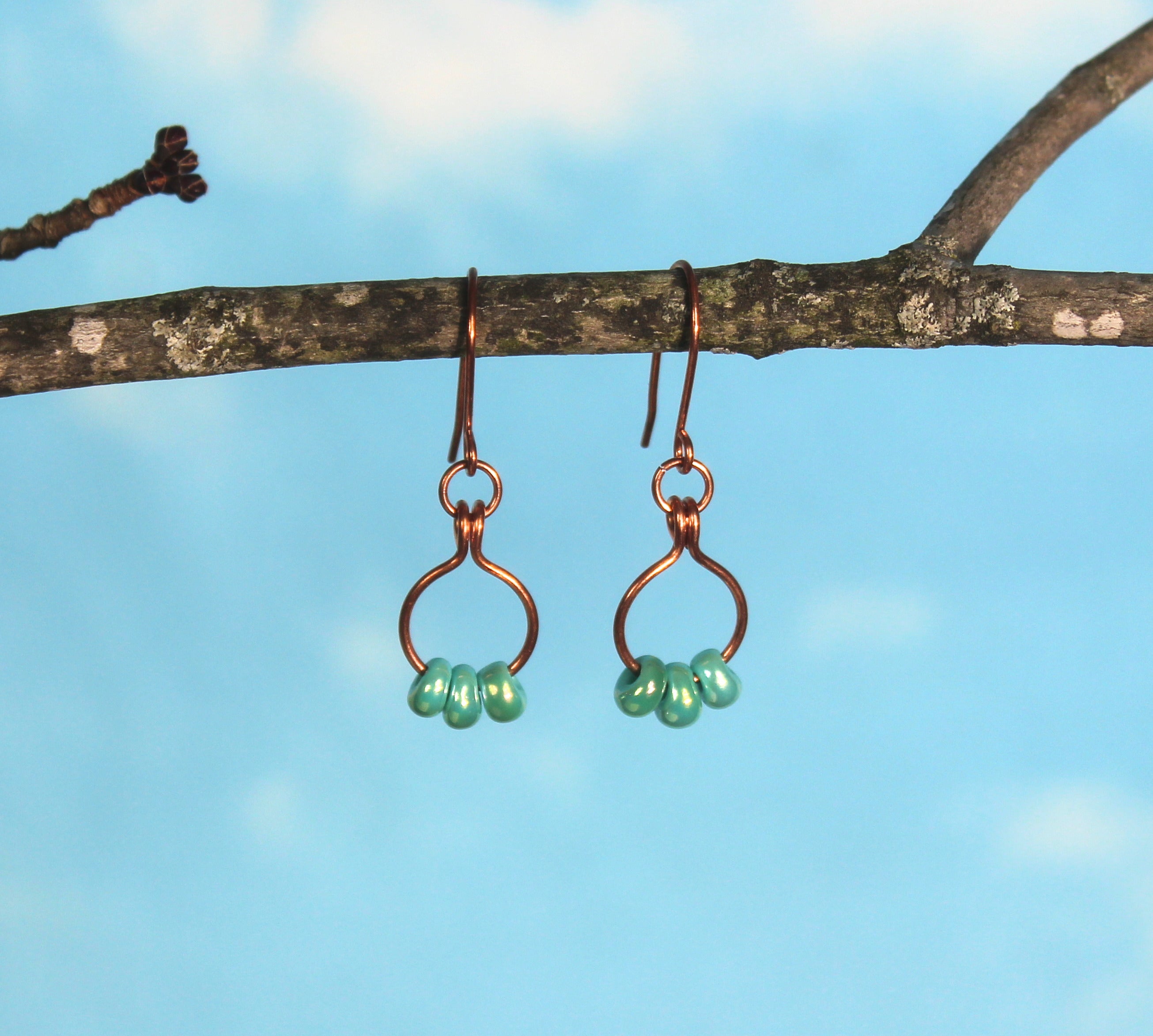 Handcrafted Copper Hoop Dangle Earrings with Aqua Glass Beads