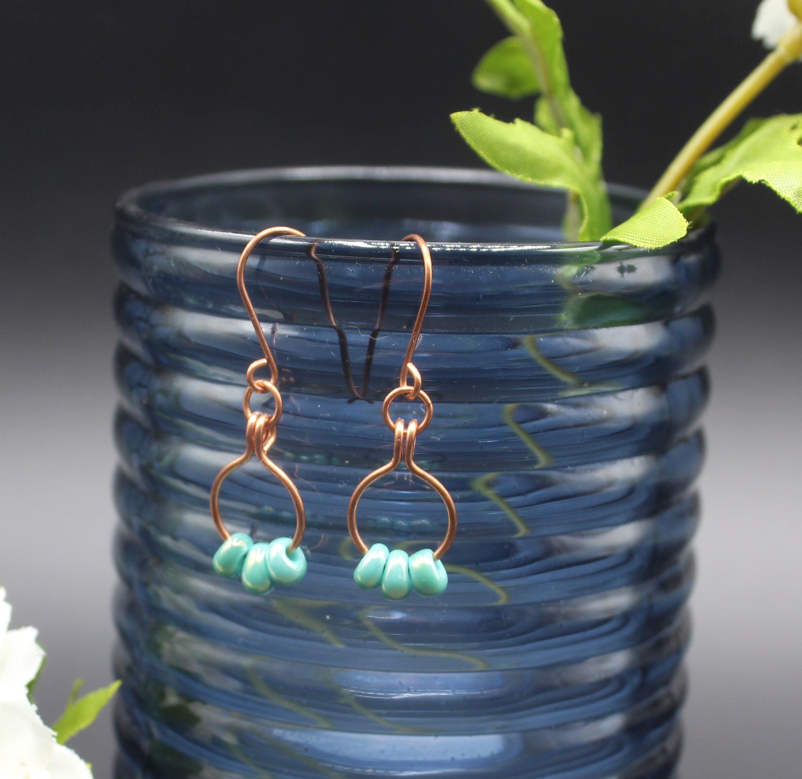 Handcrafted Copper Hoop Dangle Earrings with Aqua Glass Beads