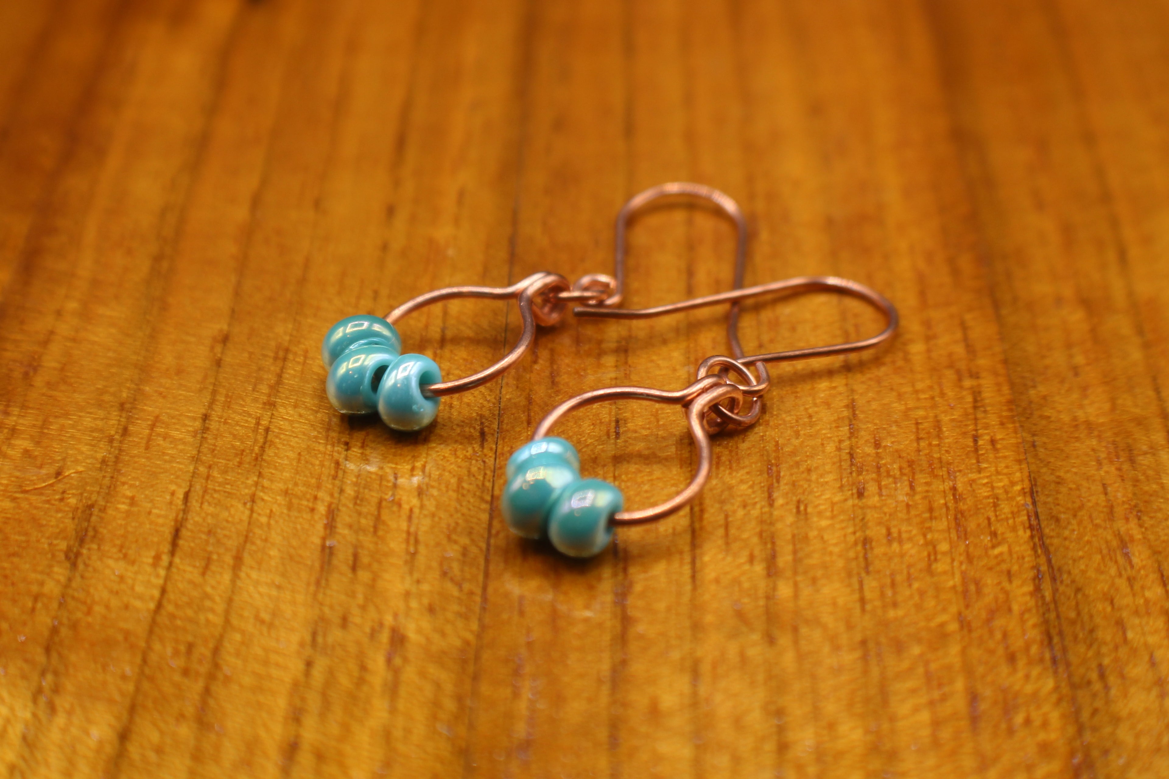 Handcrafted Copper Hoop Dangle Earrings with Aqua Glass Beads