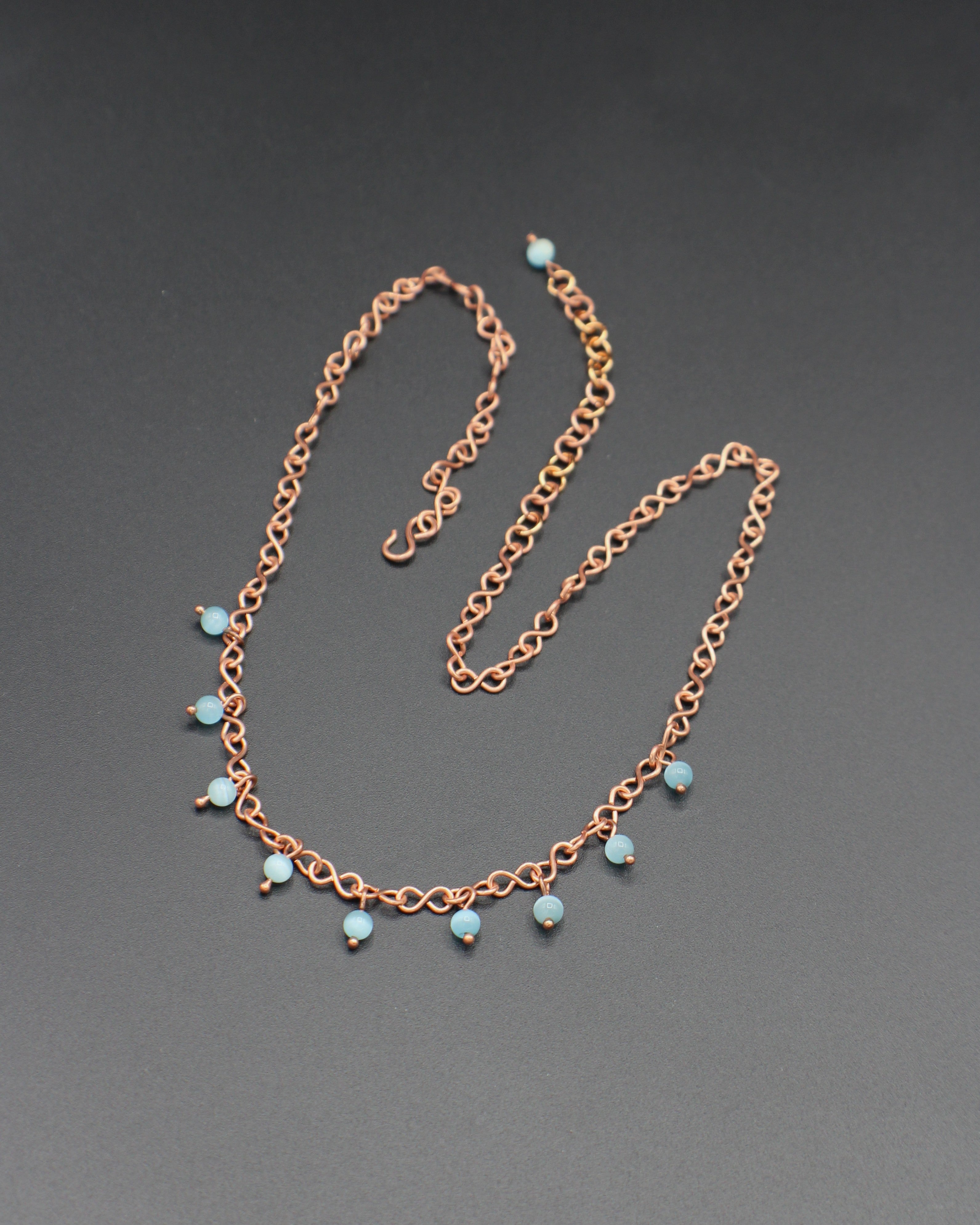 Handcrafted Copper Infinity Link Necklace with Cat’s Eye Glass Beads, Adjustable 16"–18"