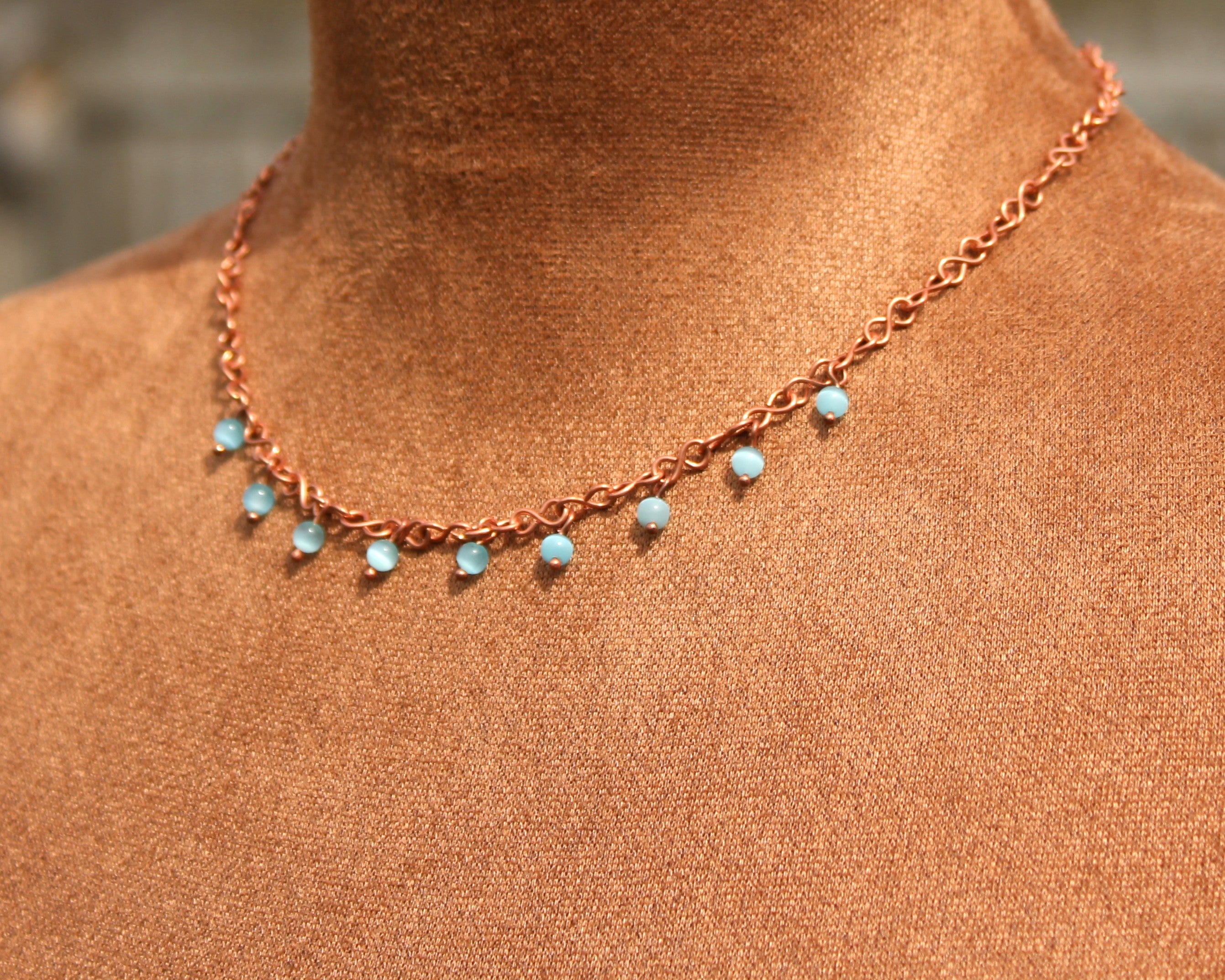 Handcrafted Copper Infinity Link Necklace with Cat’s Eye Glass Beads, Adjustable 16"–18"