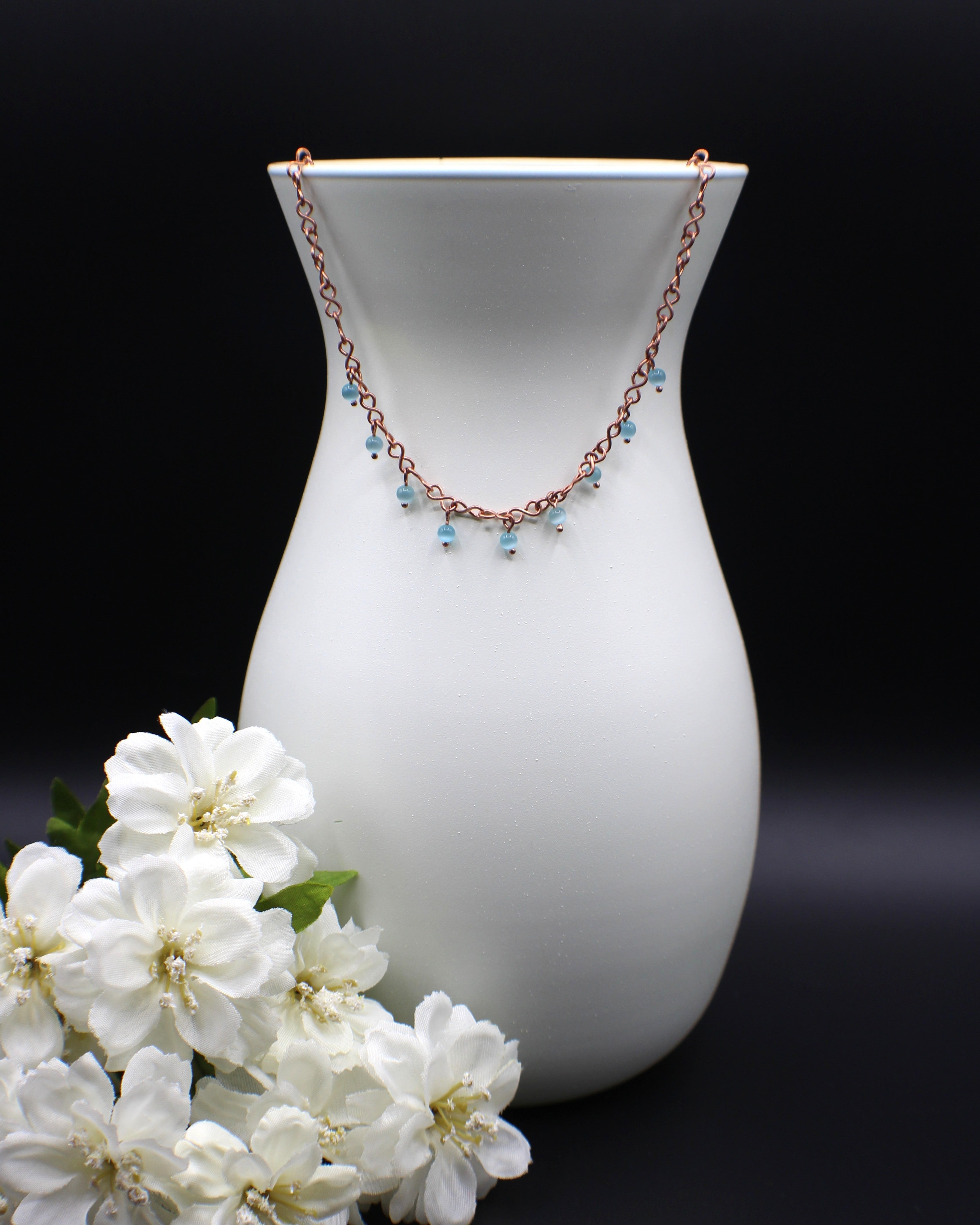 Handcrafted Copper Infinity Link Necklace with Cat’s Eye Glass Beads, Adjustable 16"–18"