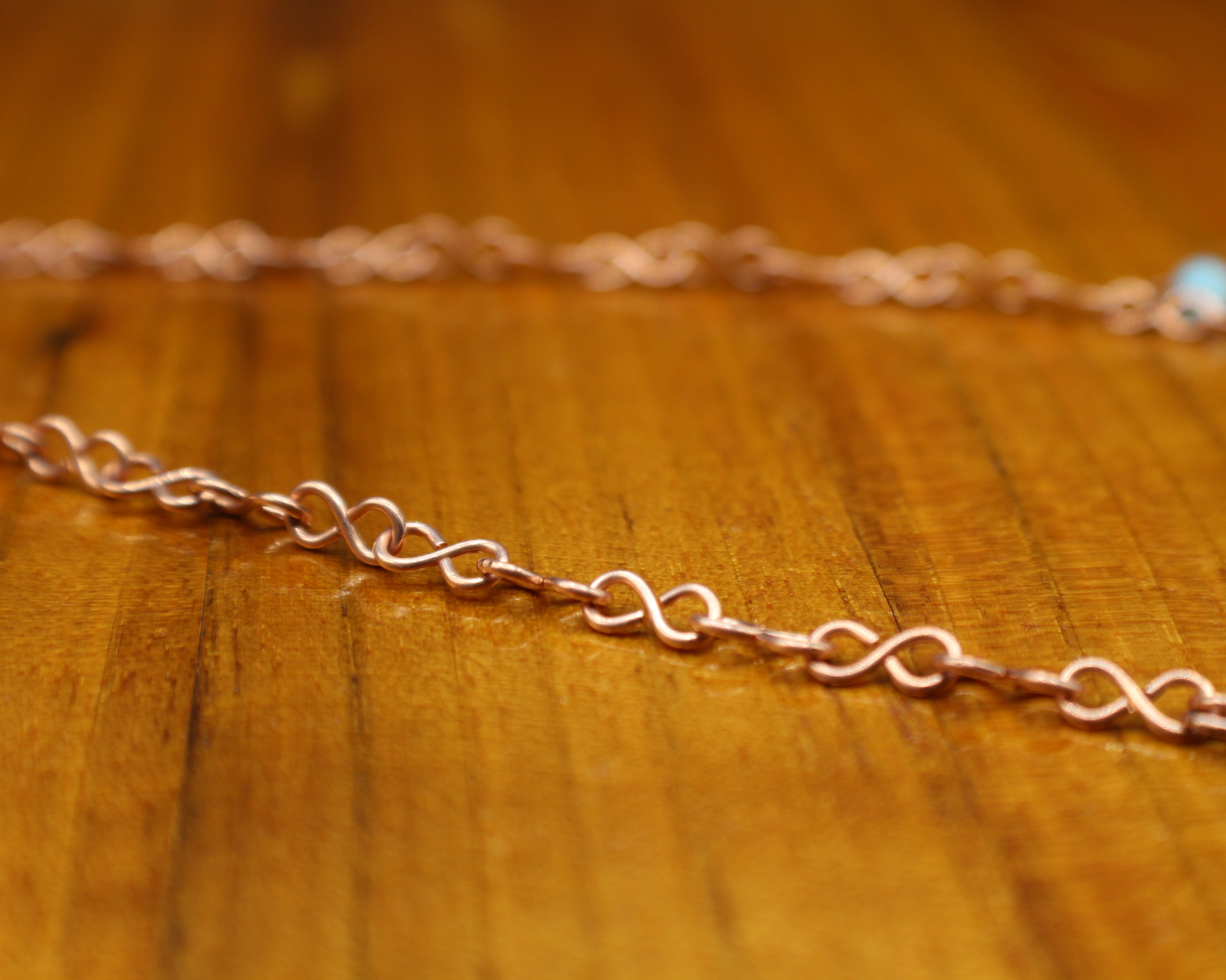 Handcrafted Copper Infinity Link Necklace with Cat’s Eye Glass Beads, Adjustable 16"–18"