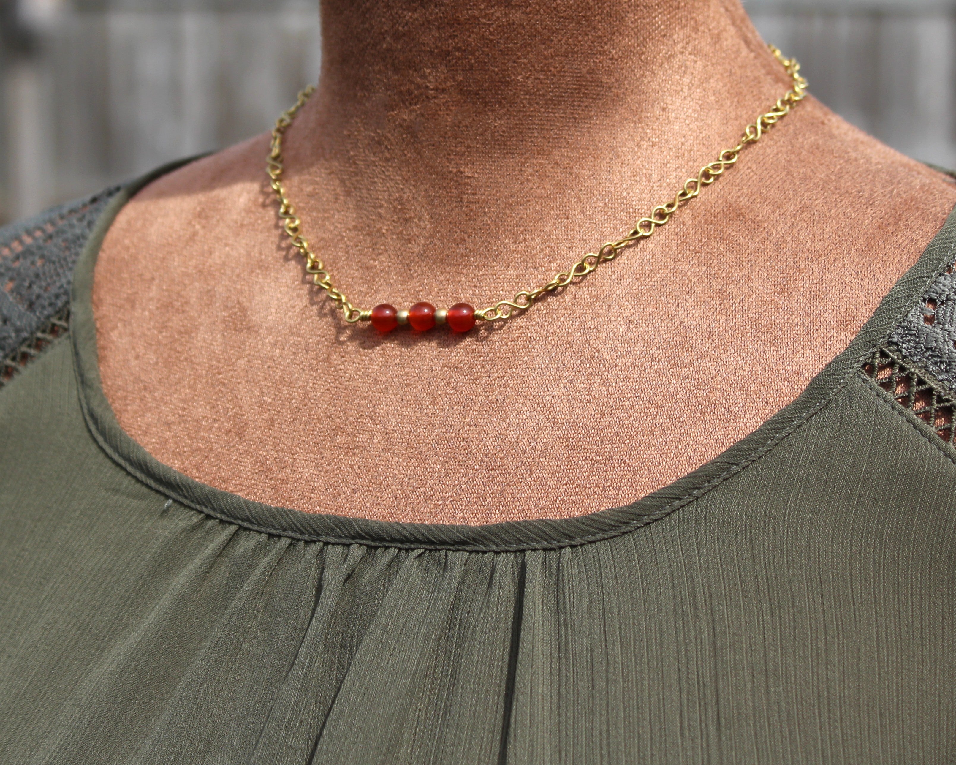 Handcrafted Carnelian Necklace with Brass Infinity Chain, 18"