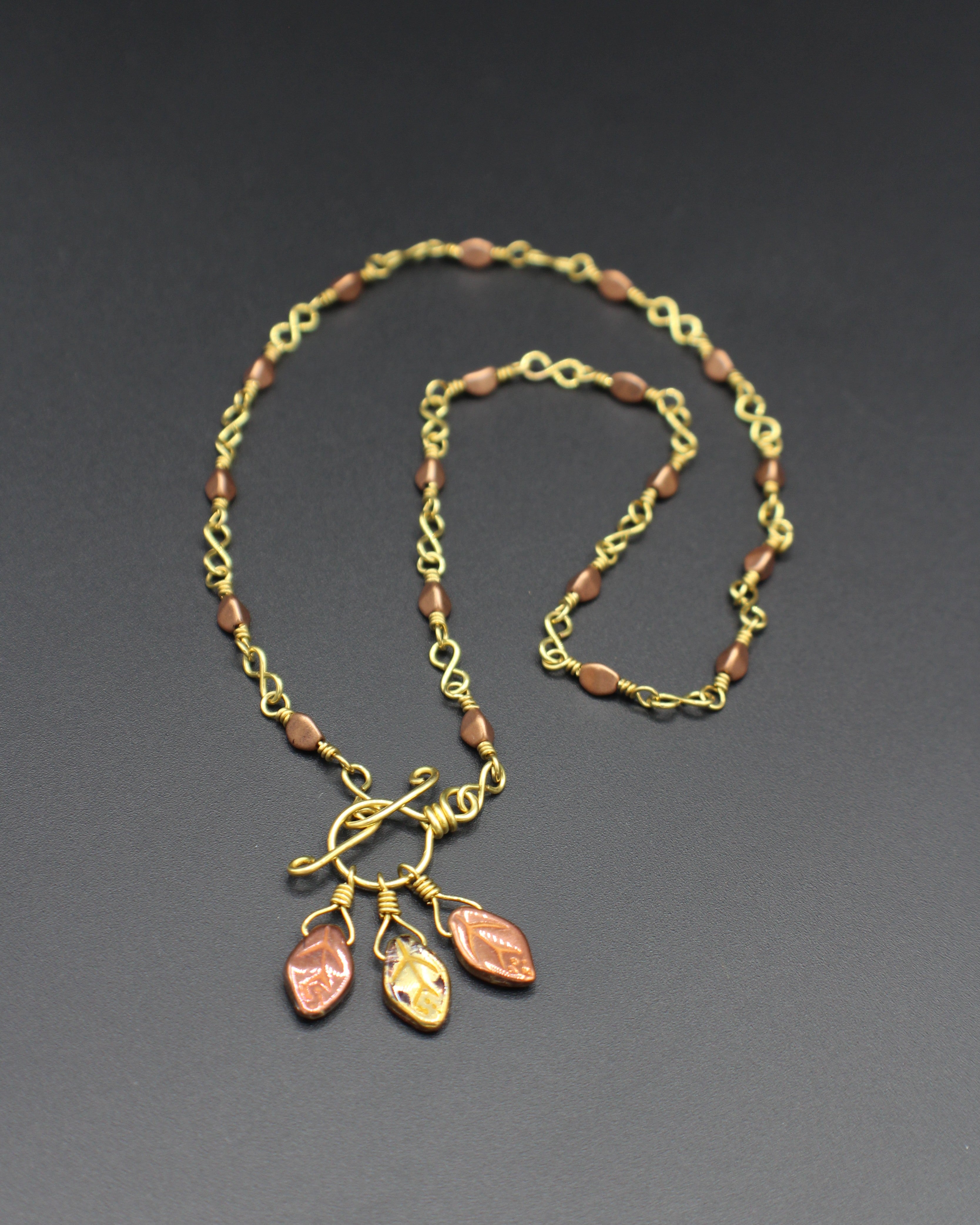Handcrafted Brass Necklace with Czech Glass Leaf Drops and Front Toggle Clasp, 17"