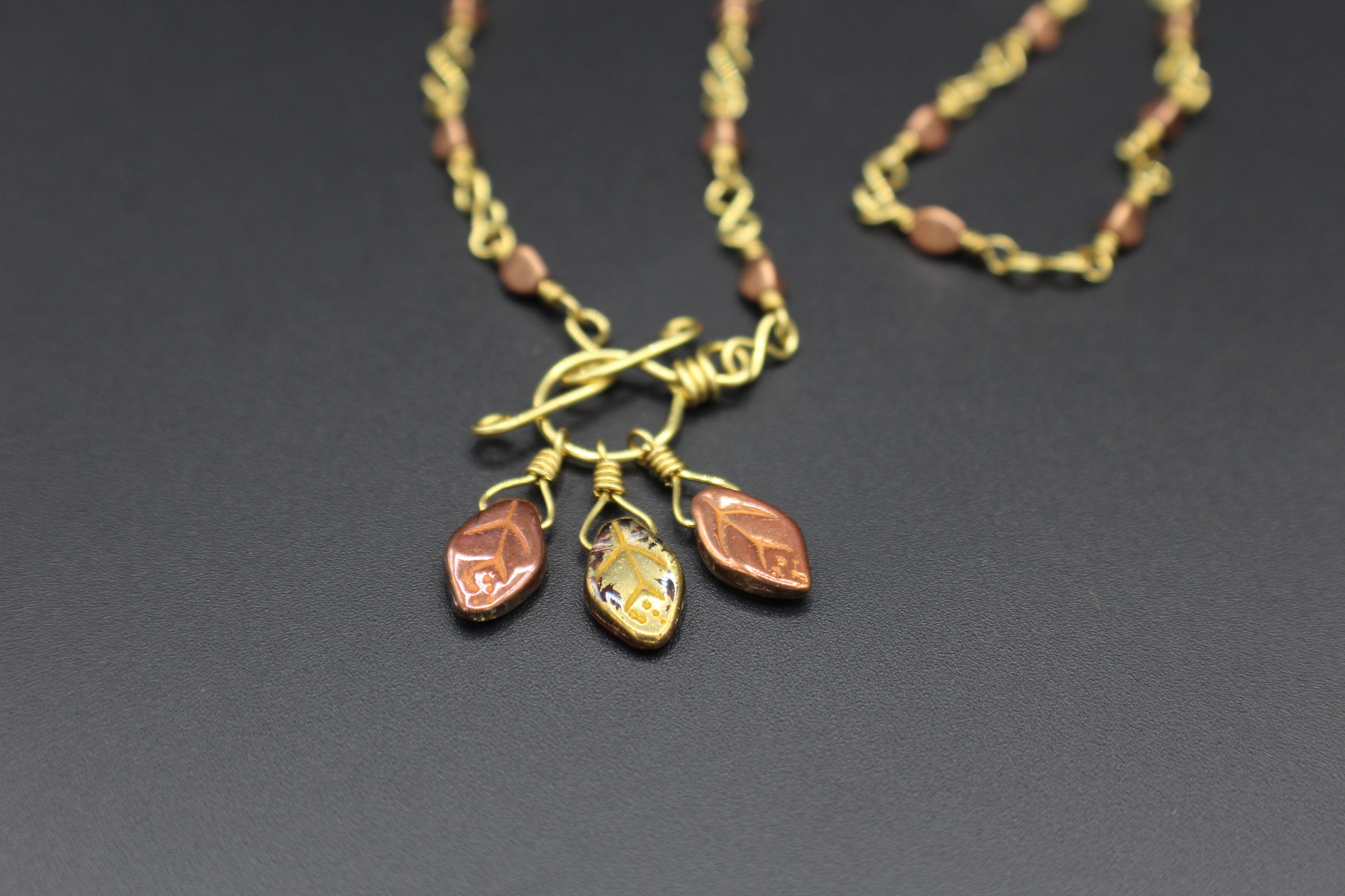 Handcrafted Brass Necklace with Czech Glass Leaf Drops and Front Toggle Clasp, 17"