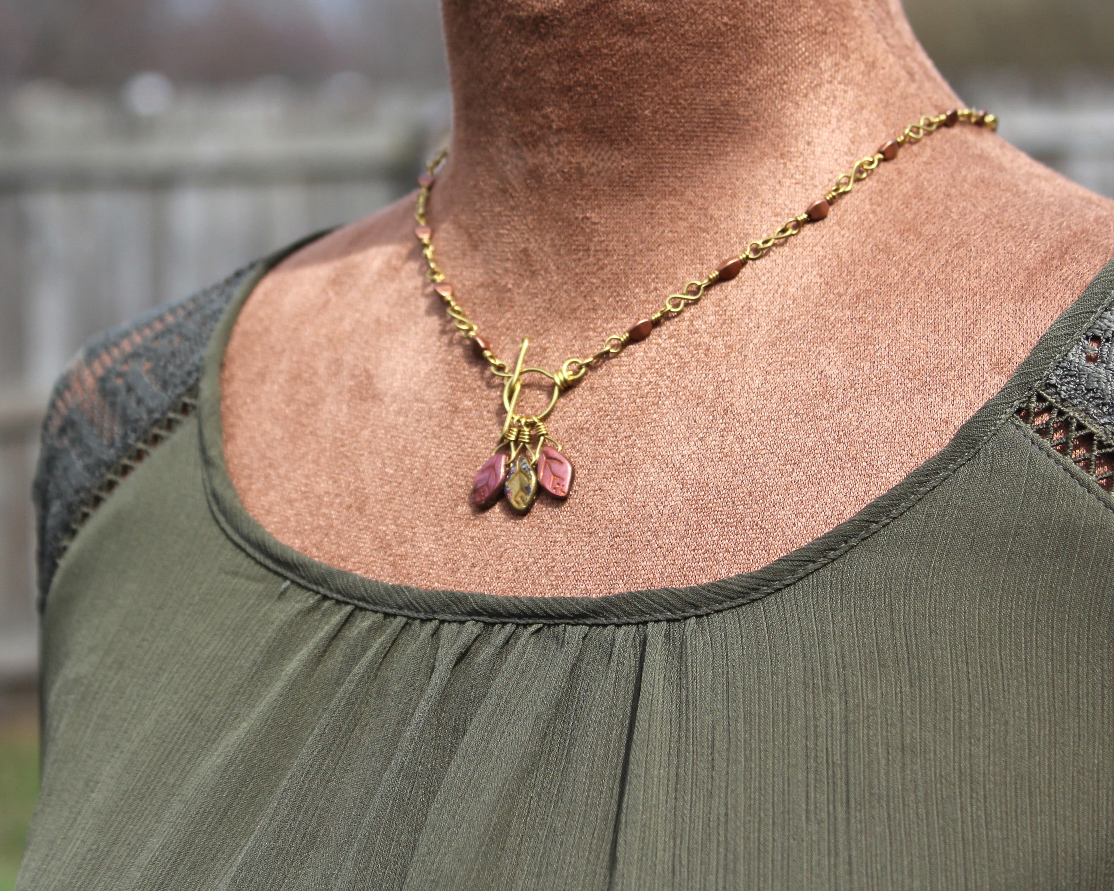 Handcrafted Brass Necklace with Czech Glass Leaf Drops and Front Toggle Clasp, 17"