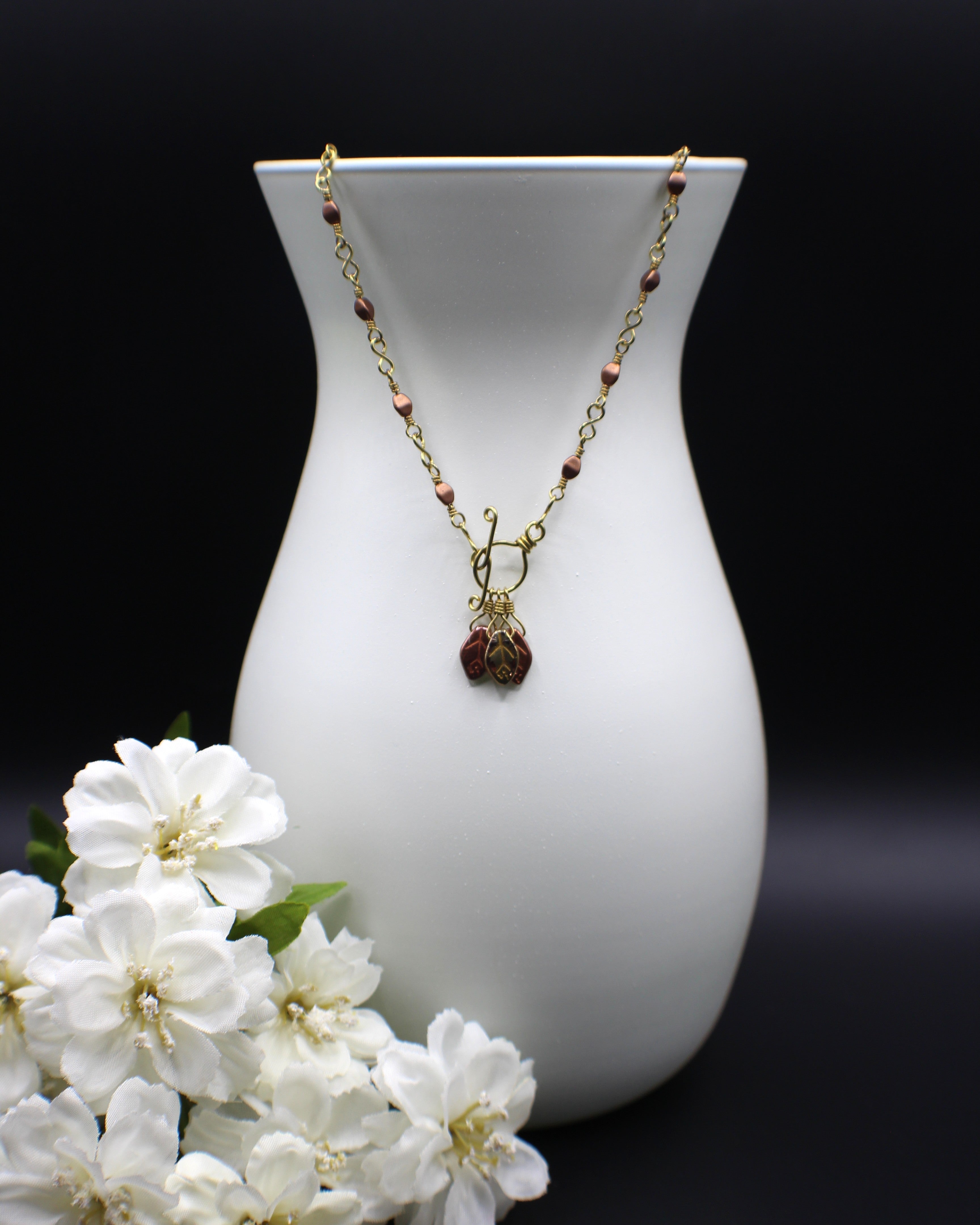 Handcrafted Brass Necklace with Czech Glass Leaf Drops and Front Toggle Clasp, 17"