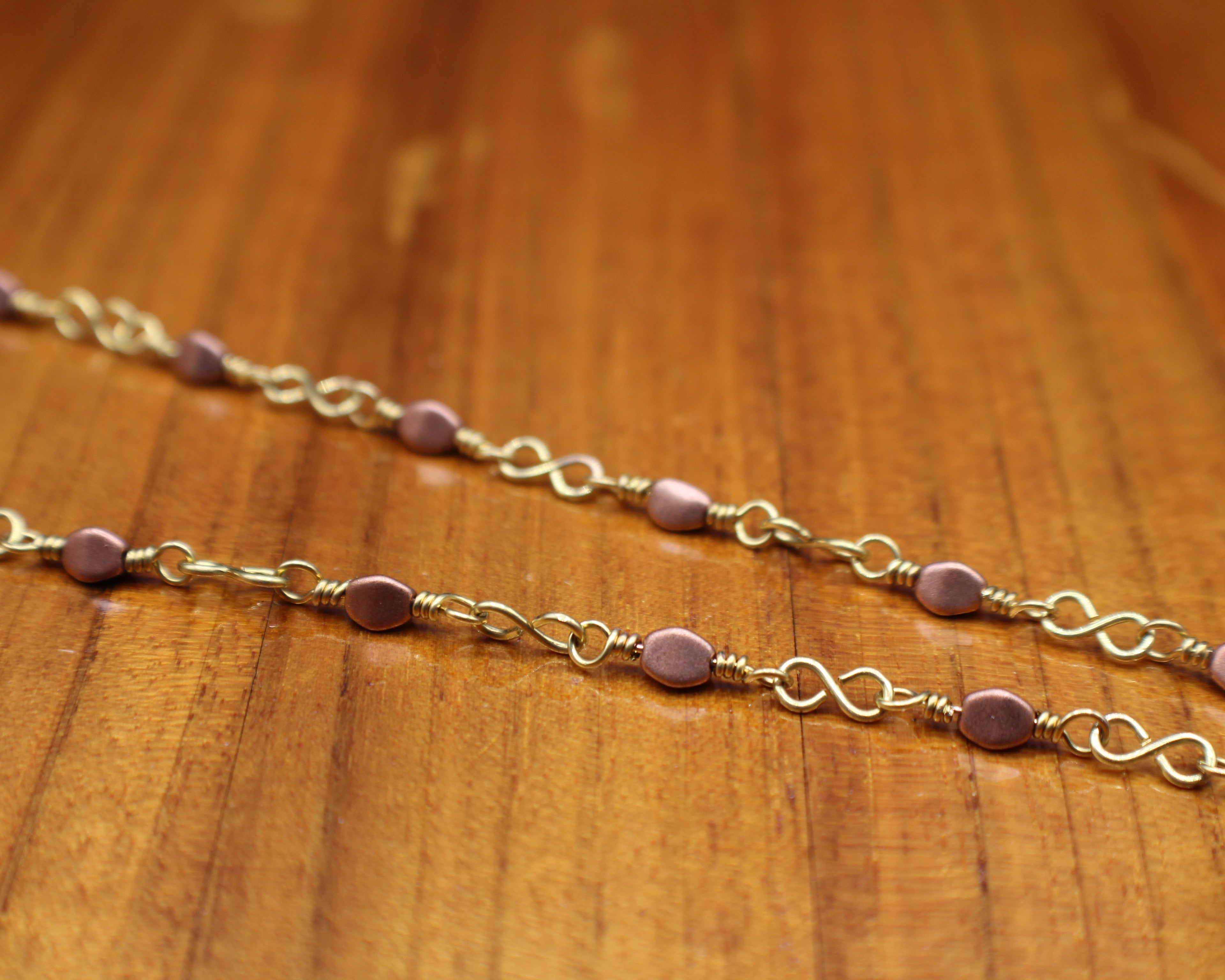 Handcrafted Brass Necklace with Czech Glass Leaf Drops and Front Toggle Clasp, 17"