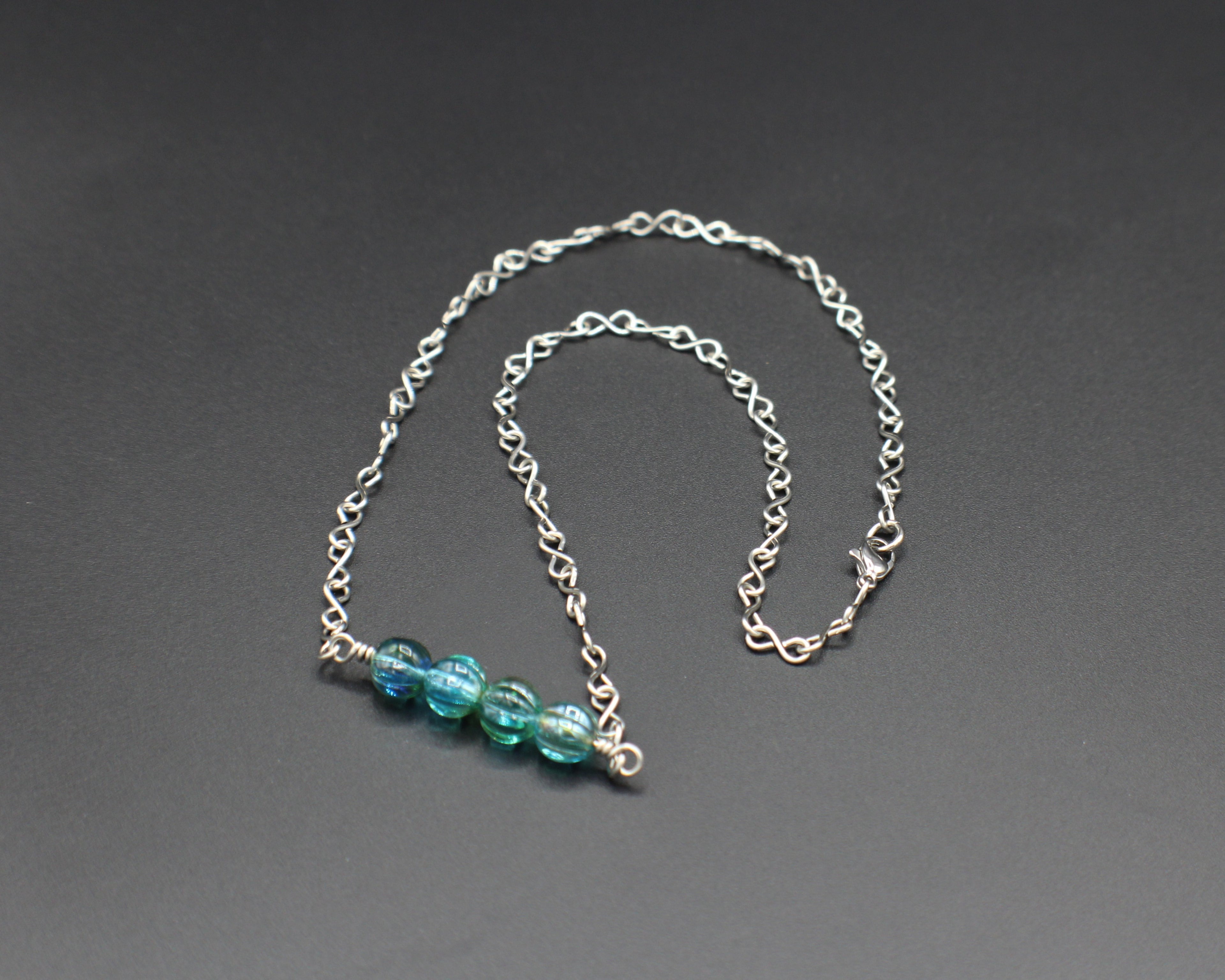 Handcrafted Aqua Melon Bead Necklace with Stainless Steel Infinity Link Chain, 18"