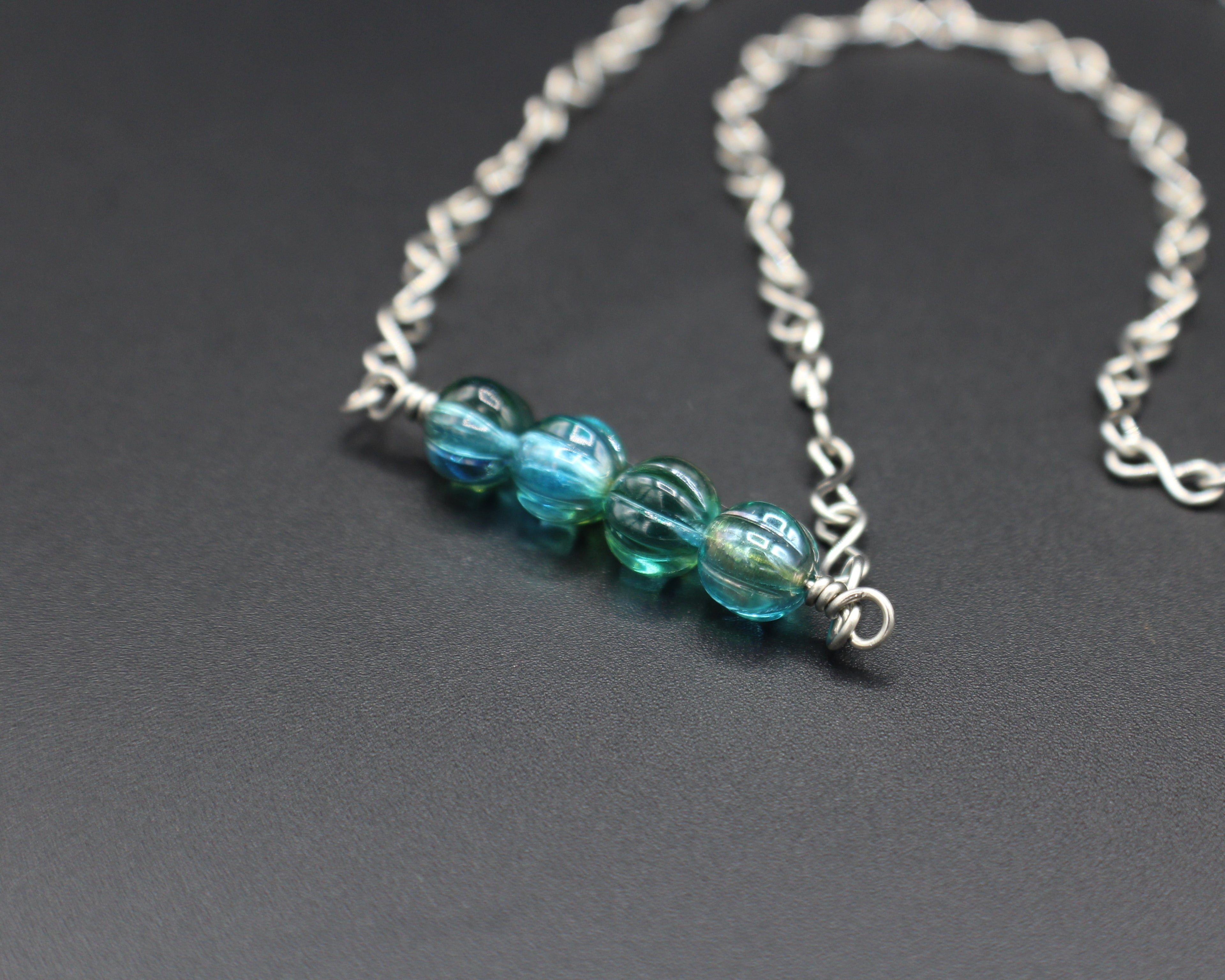 Handcrafted Aqua Melon Bead Necklace with Stainless Steel Infinity Link Chain, 18"