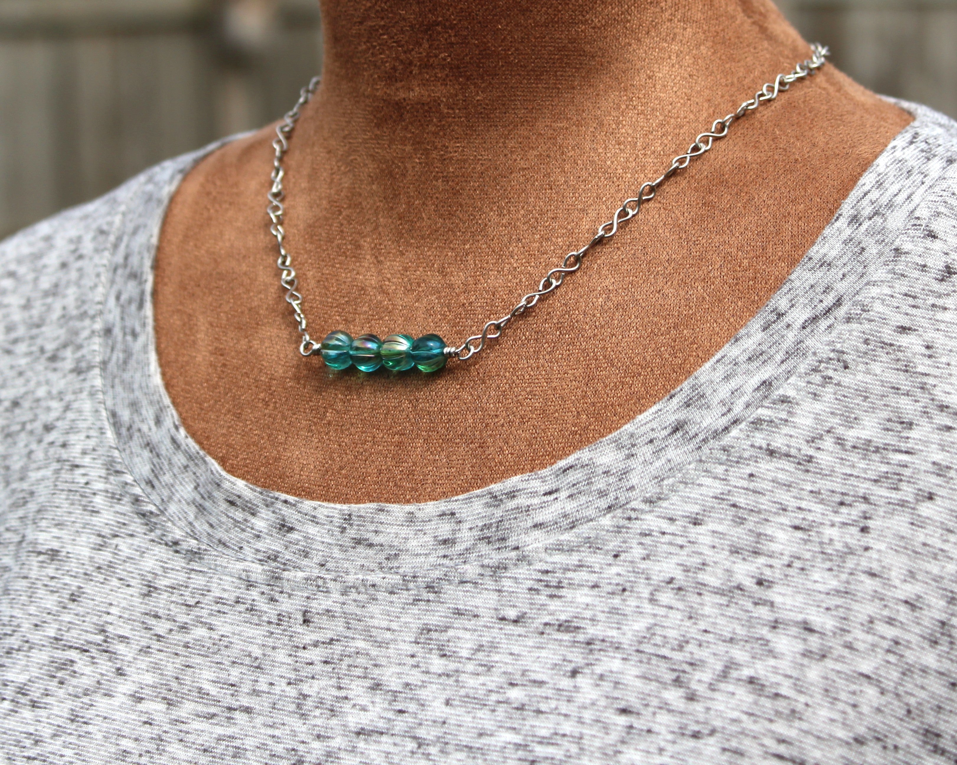 Handcrafted Aqua Melon Bead Necklace with Stainless Steel Infinity Link Chain, 18"