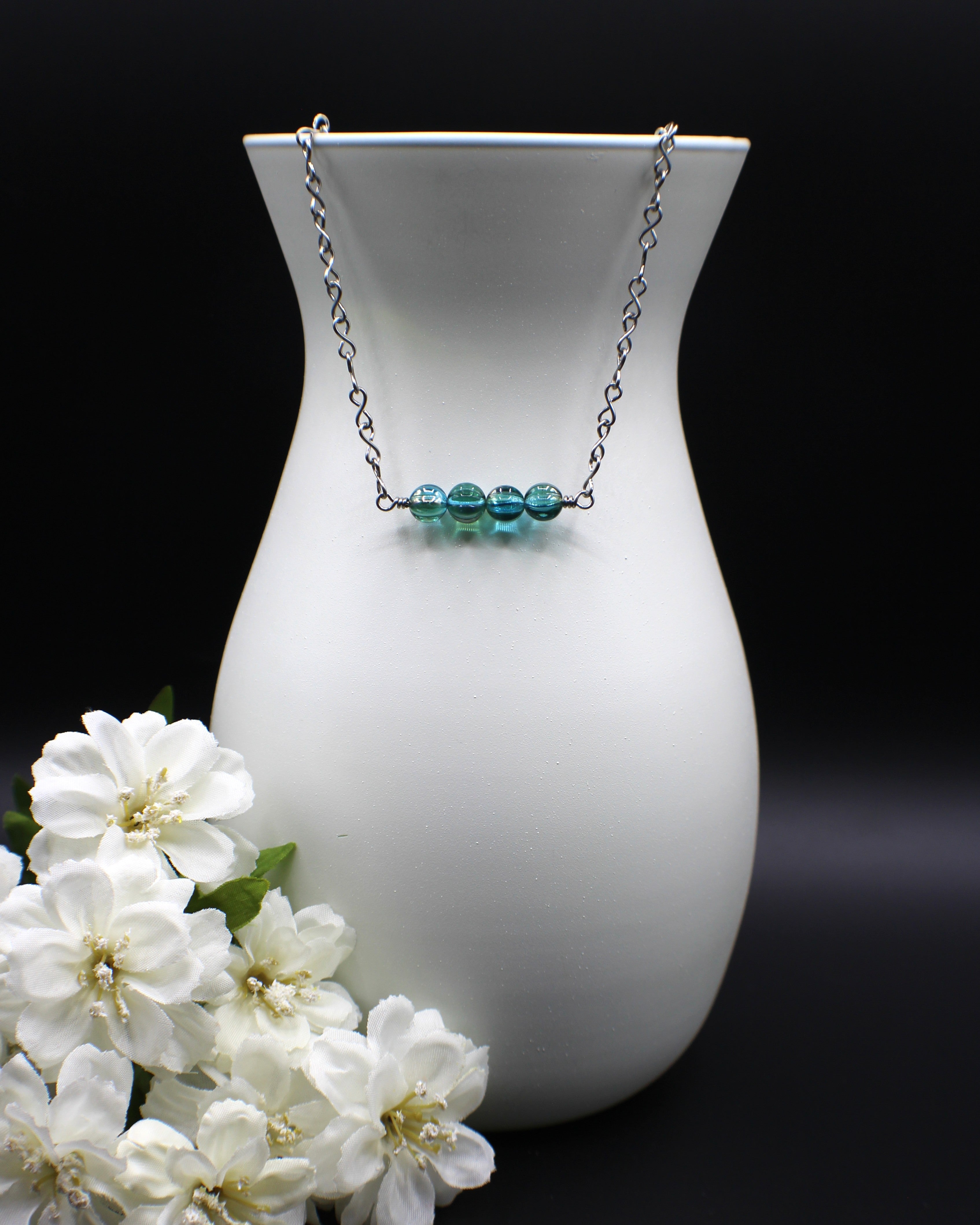 Handcrafted Aqua Melon Bead Necklace with Stainless Steel Infinity Link Chain, 18"