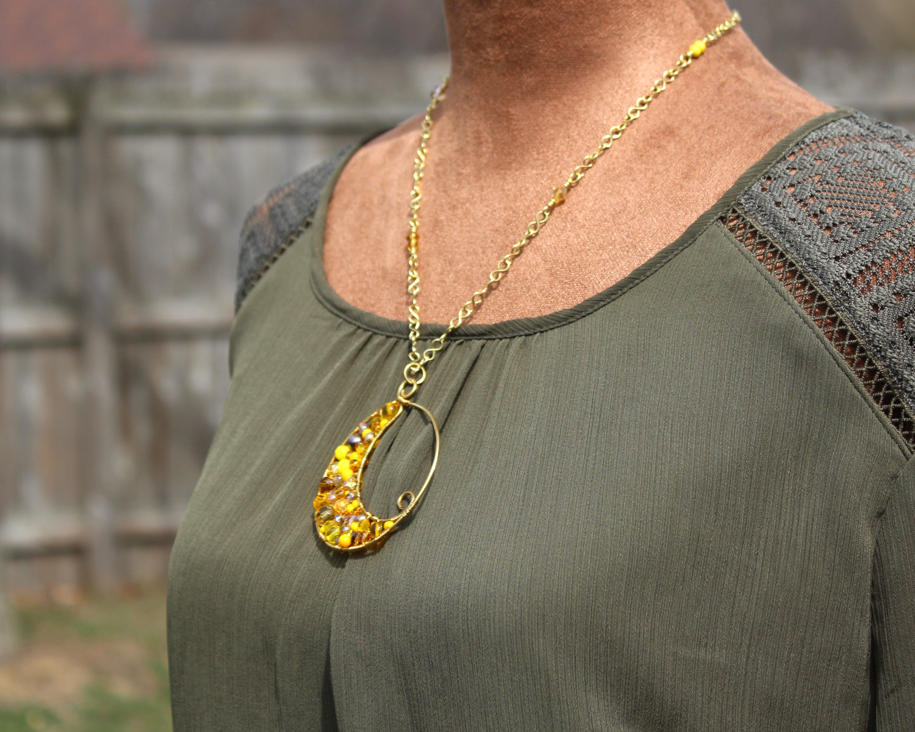 Handcrafted Brass Beaded Pendant Necklace with Infinity Link Chain, 22"