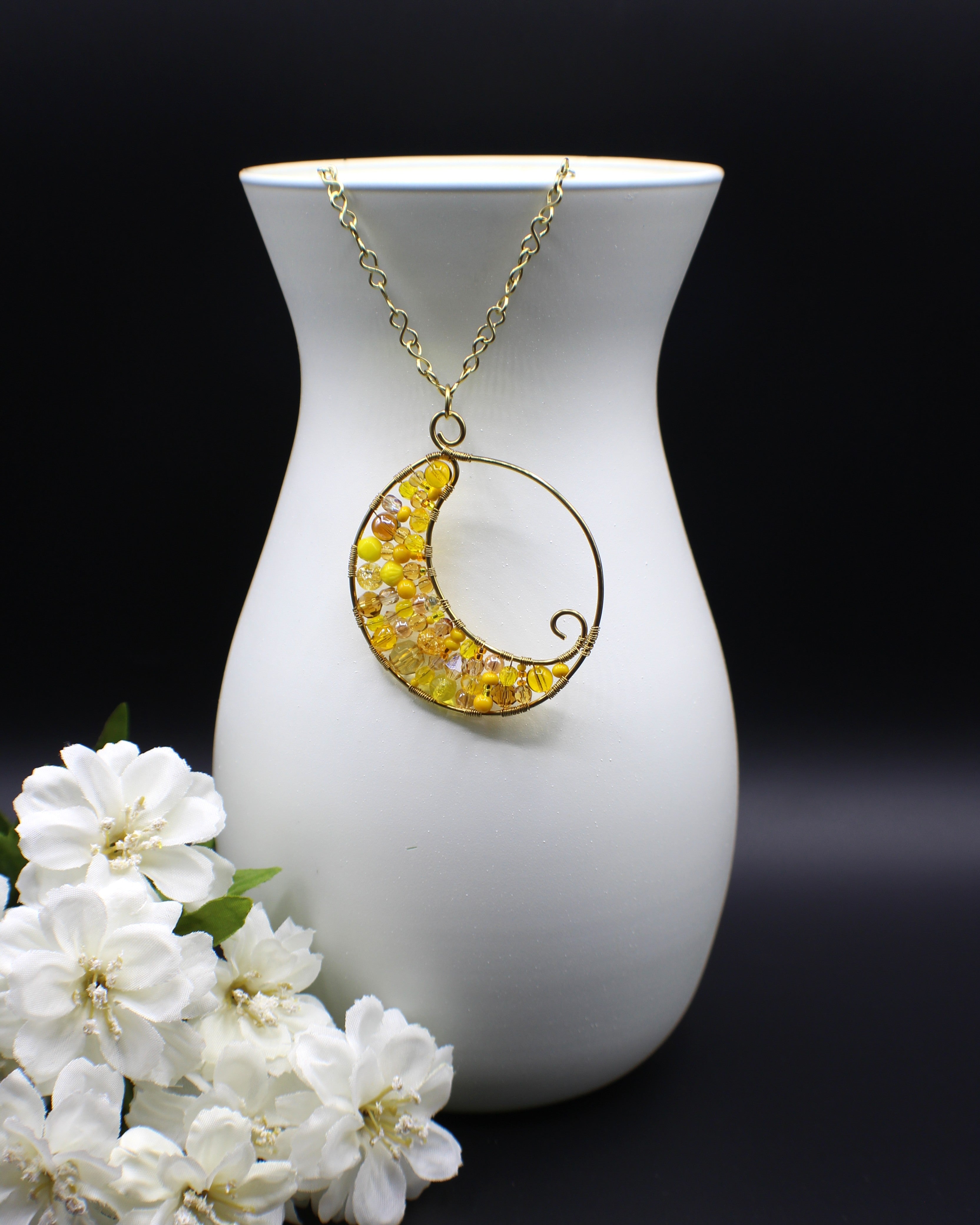 Handcrafted Brass Beaded Pendant Necklace with Infinity Link Chain, 22"