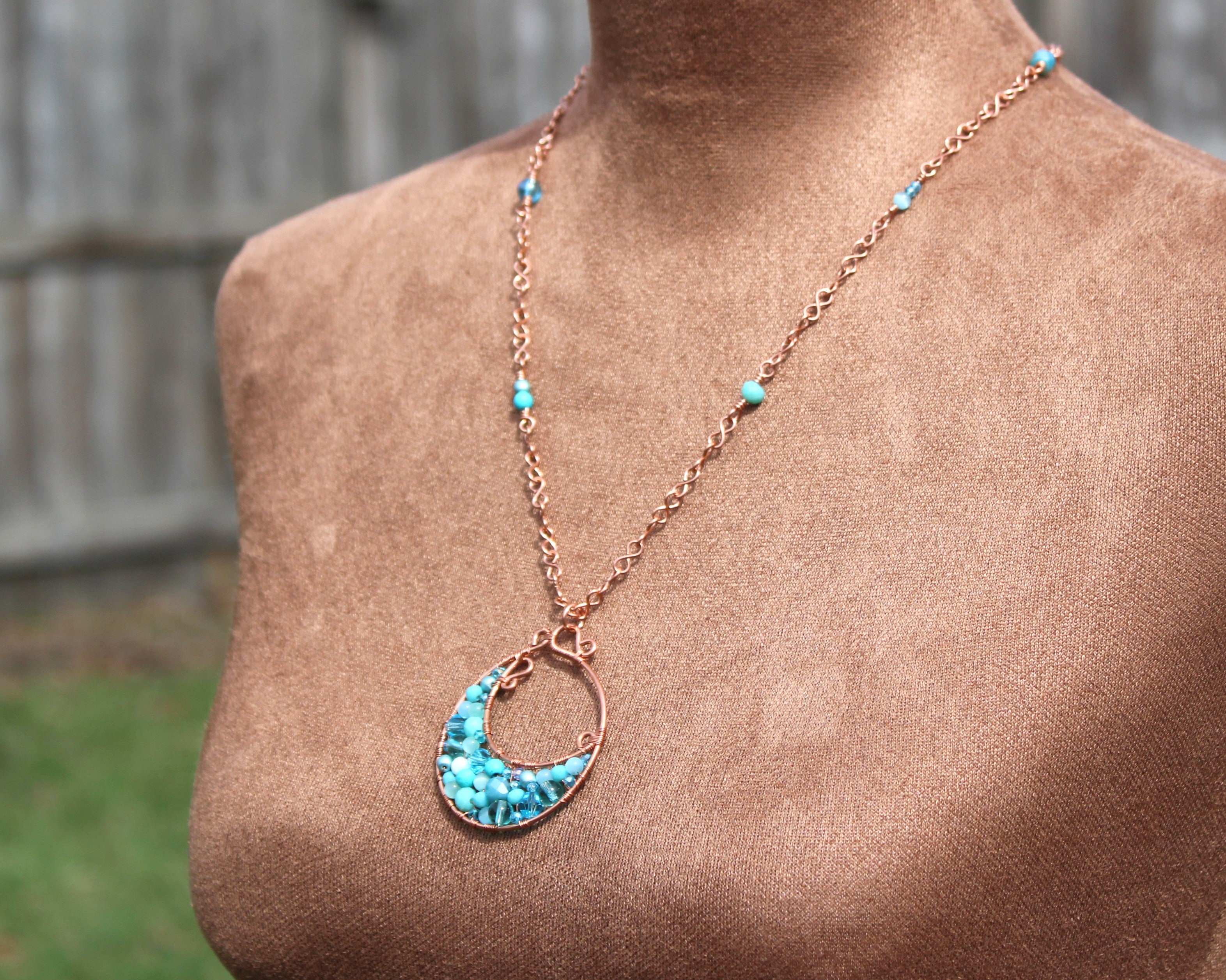 Handcrafted Copper Beaded Pendant Necklace with Infinity Link Chain, 22"