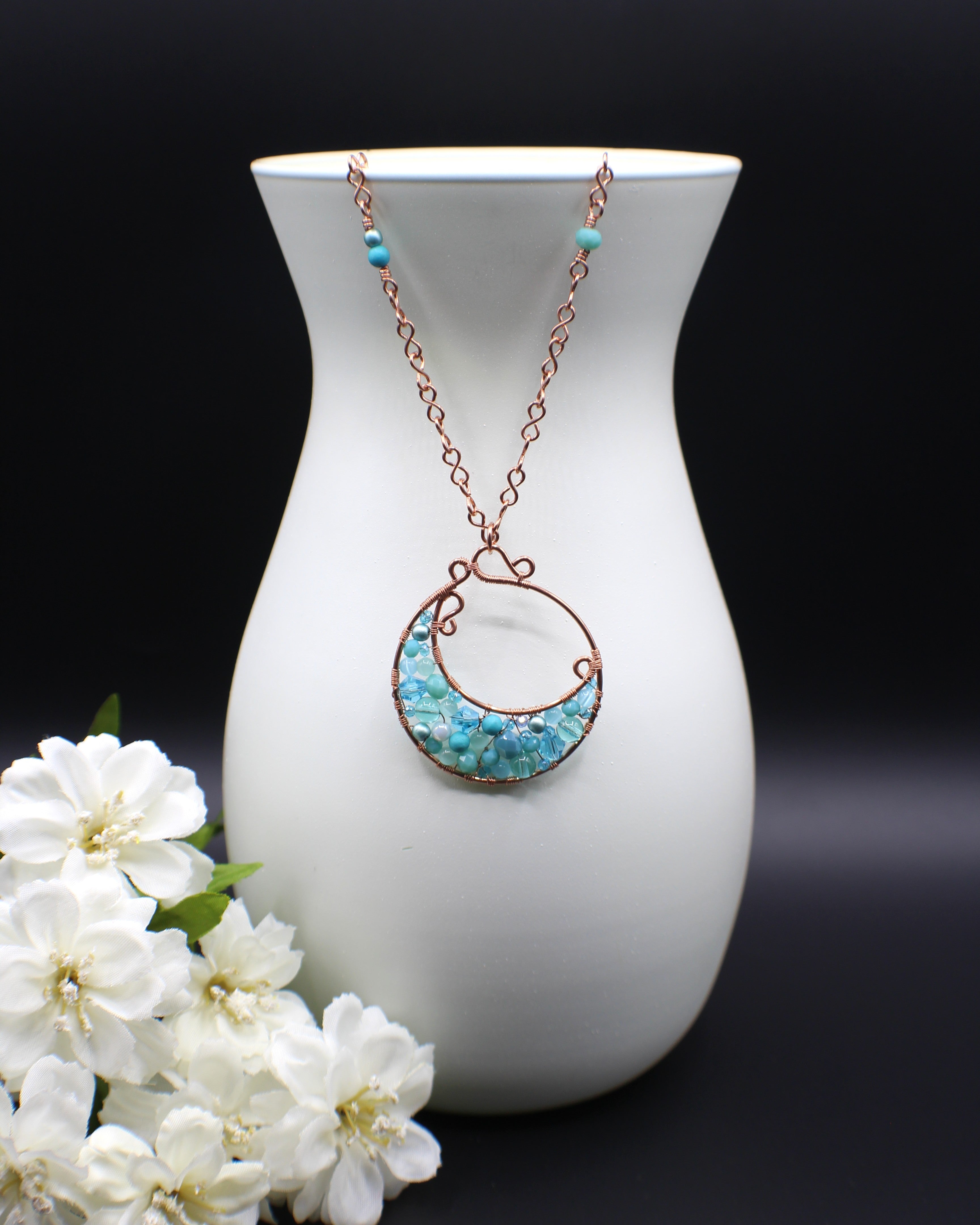 Handcrafted Copper Beaded Pendant Necklace with Infinity Link Chain, 22"