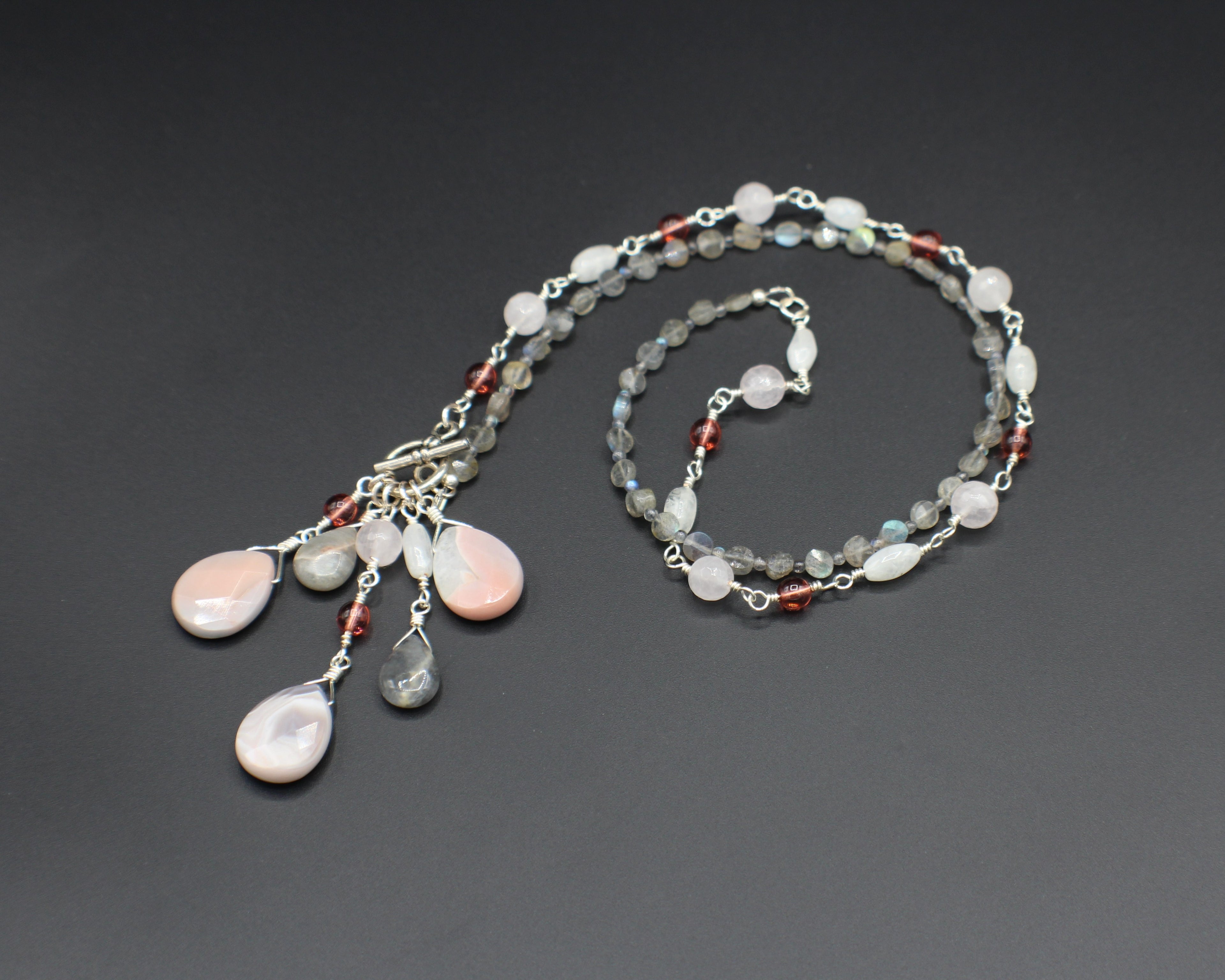 Handcrafted Asymmetrical Moonstone, Rose Quartz and Labradorite Necklace with Front Toggle, 26"