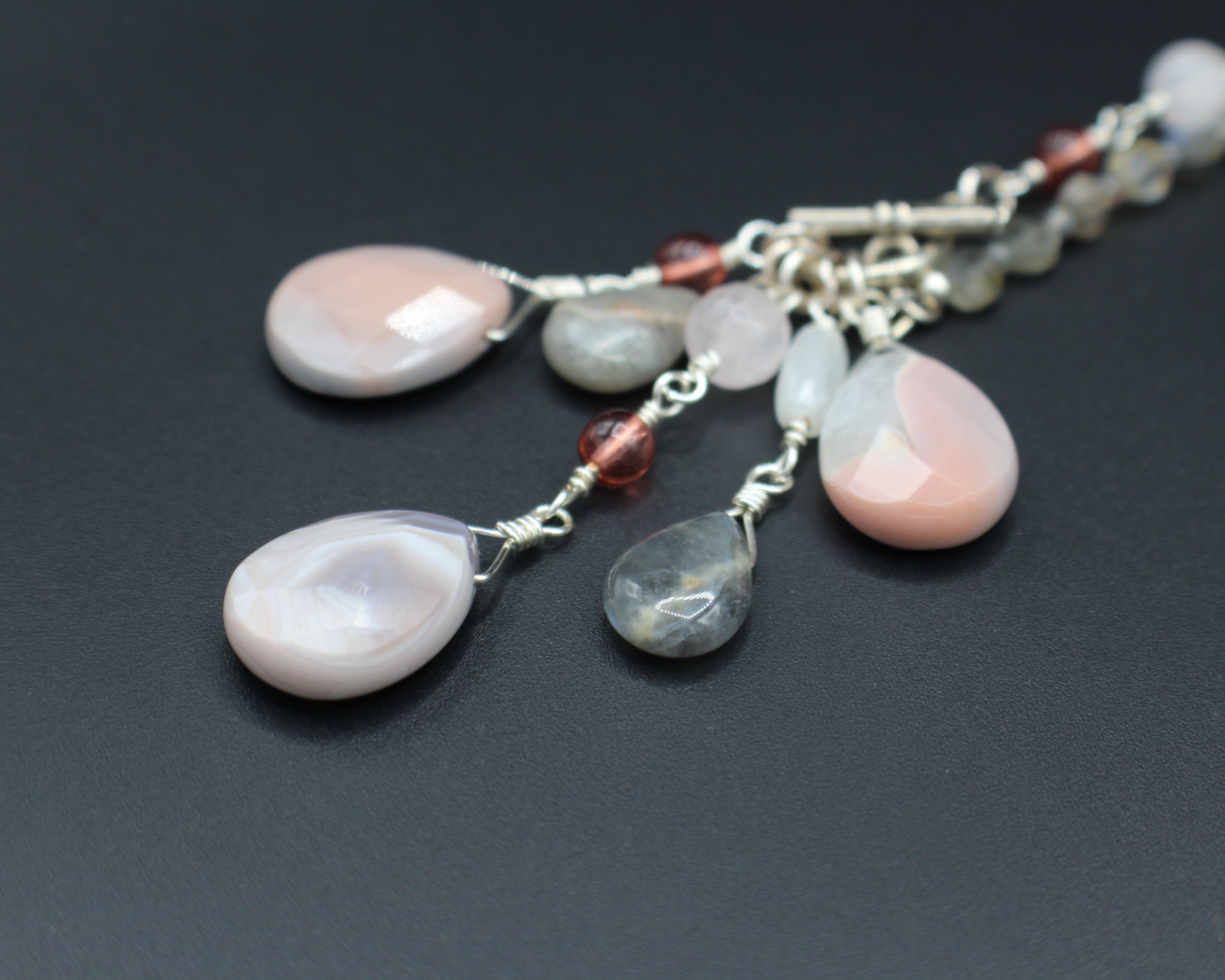 Handcrafted Asymmetrical Moonstone, Rose Quartz and Labradorite Necklace with Front Toggle, 26"