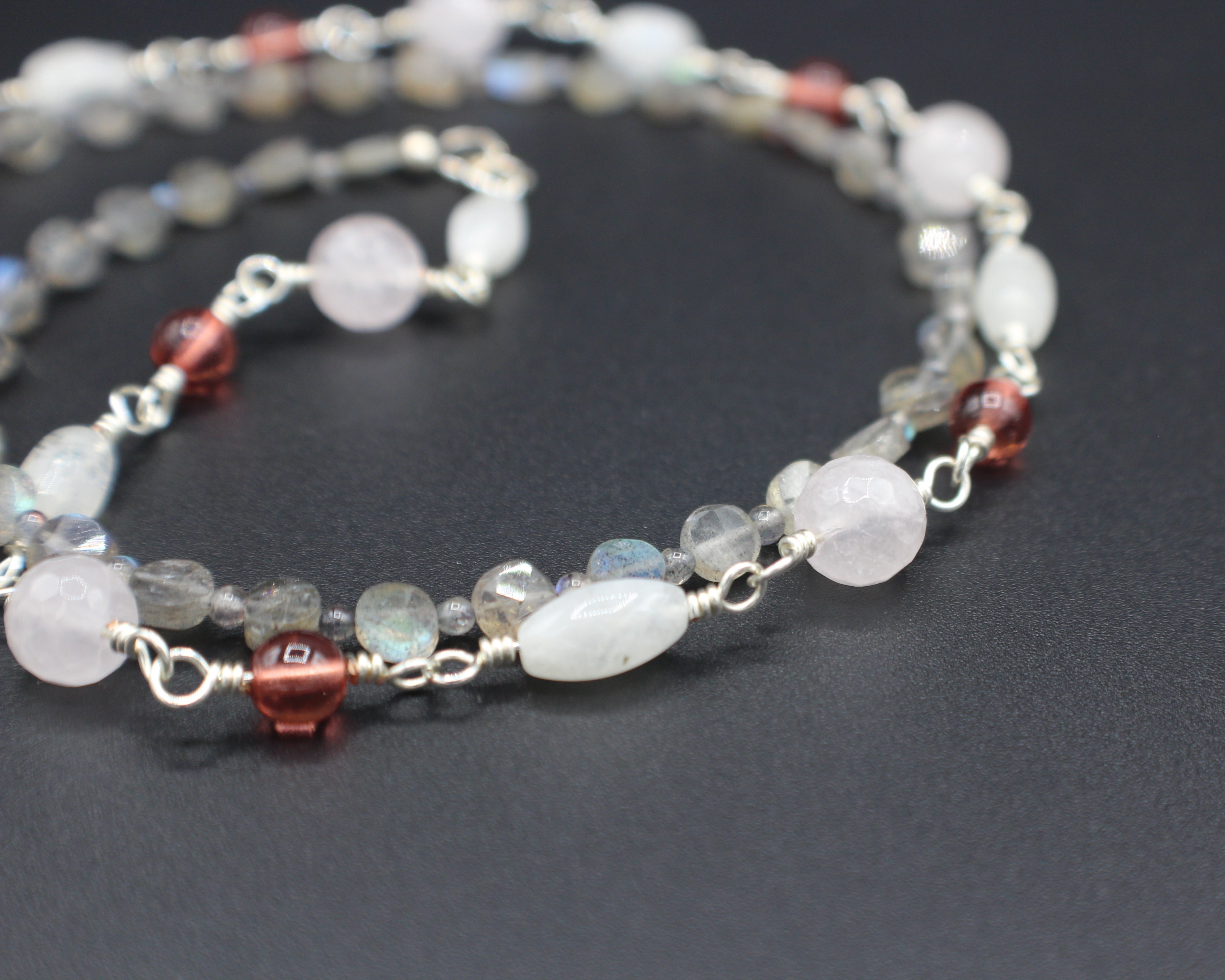 Handcrafted Asymmetrical Moonstone, Rose Quartz and Labradorite Necklace with Front Toggle, 26"