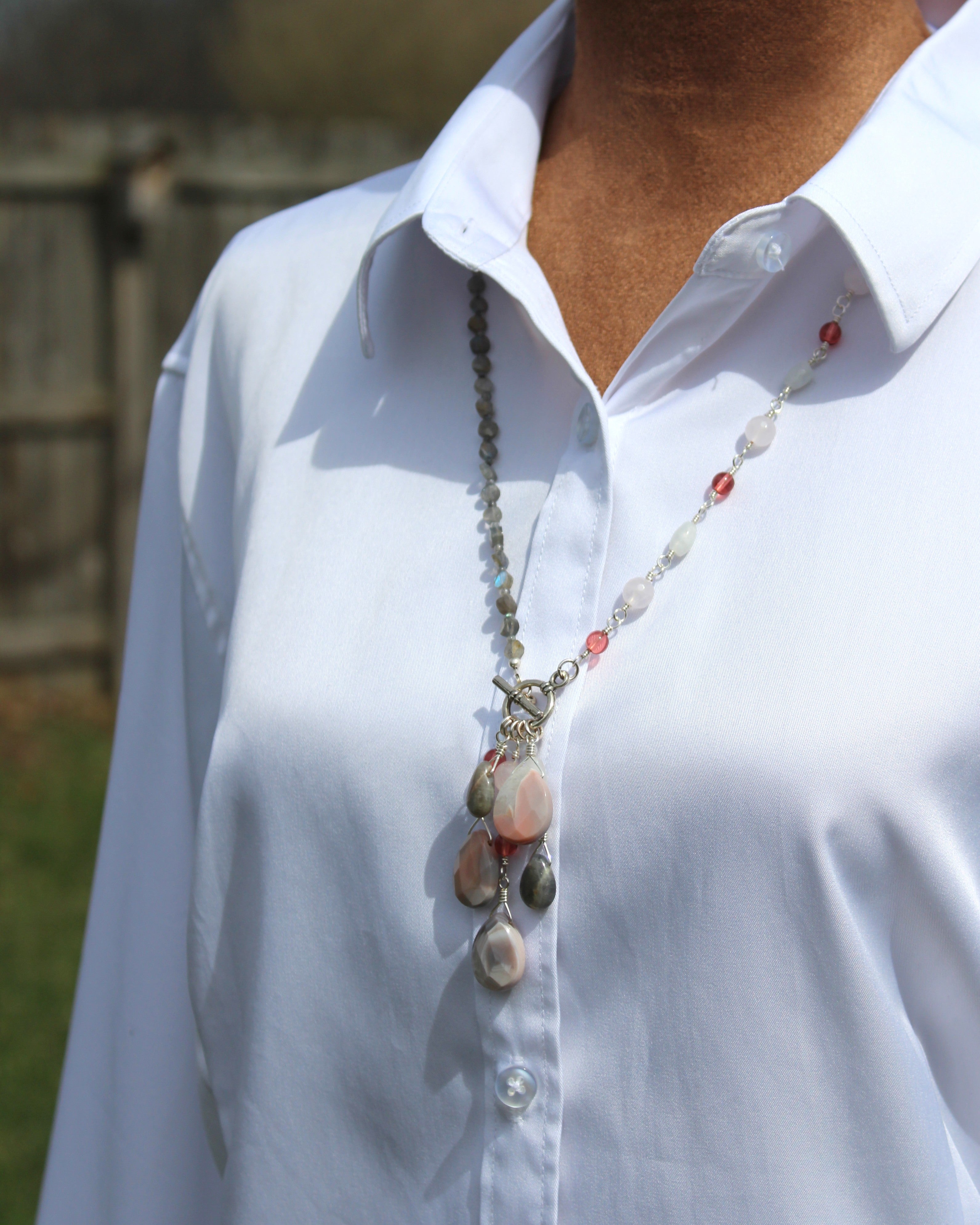 Handcrafted Asymmetrical Moonstone, Rose Quartz and Labradorite Necklace with Front Toggle, 26"