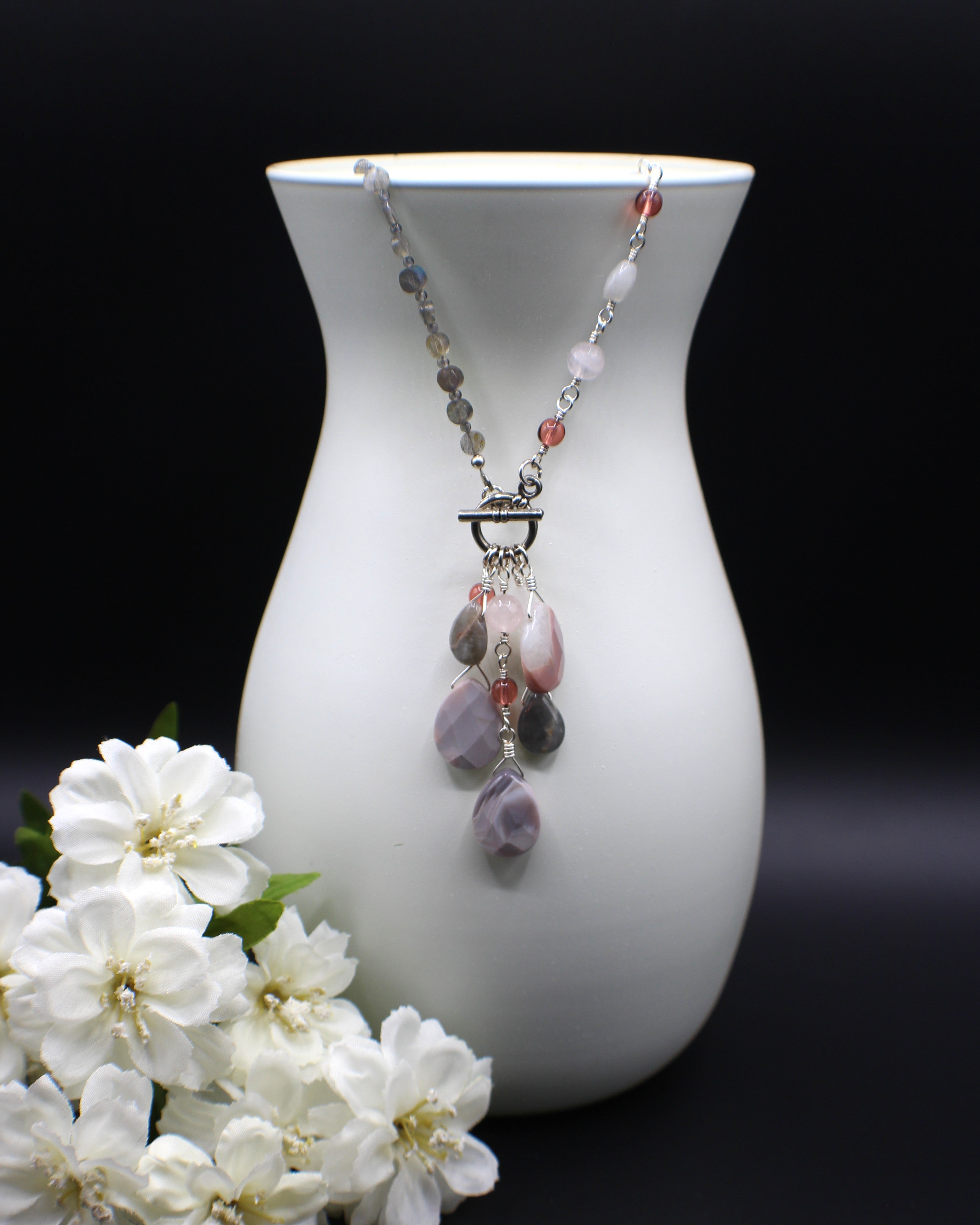 Handcrafted Asymmetrical Moonstone, Rose Quartz and Labradorite Necklace with Front Toggle, 26"